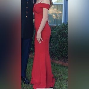 Fitted off the shoulder red formal dress